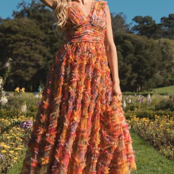 Mac Duggal  Multicolor Floral V-neck Ruffle Maxi Dress   Size 4 - Picture 7 of 9